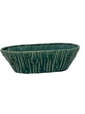 Vintage Brush Pottery Green Bamboo Textured Planter 10" Oval Mid-Century Ceramic